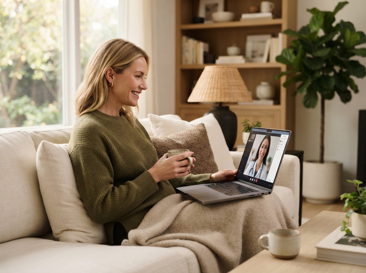 Patient comfortably attending a telehealth visit from home
