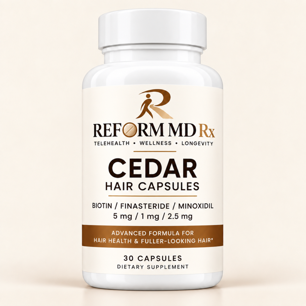 Reform MD Rx Cedar hair capsules bottle on a plain background