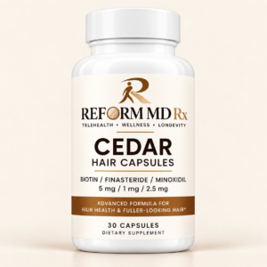 Reform MD Rx Cedar hair capsules bottle on a plain background