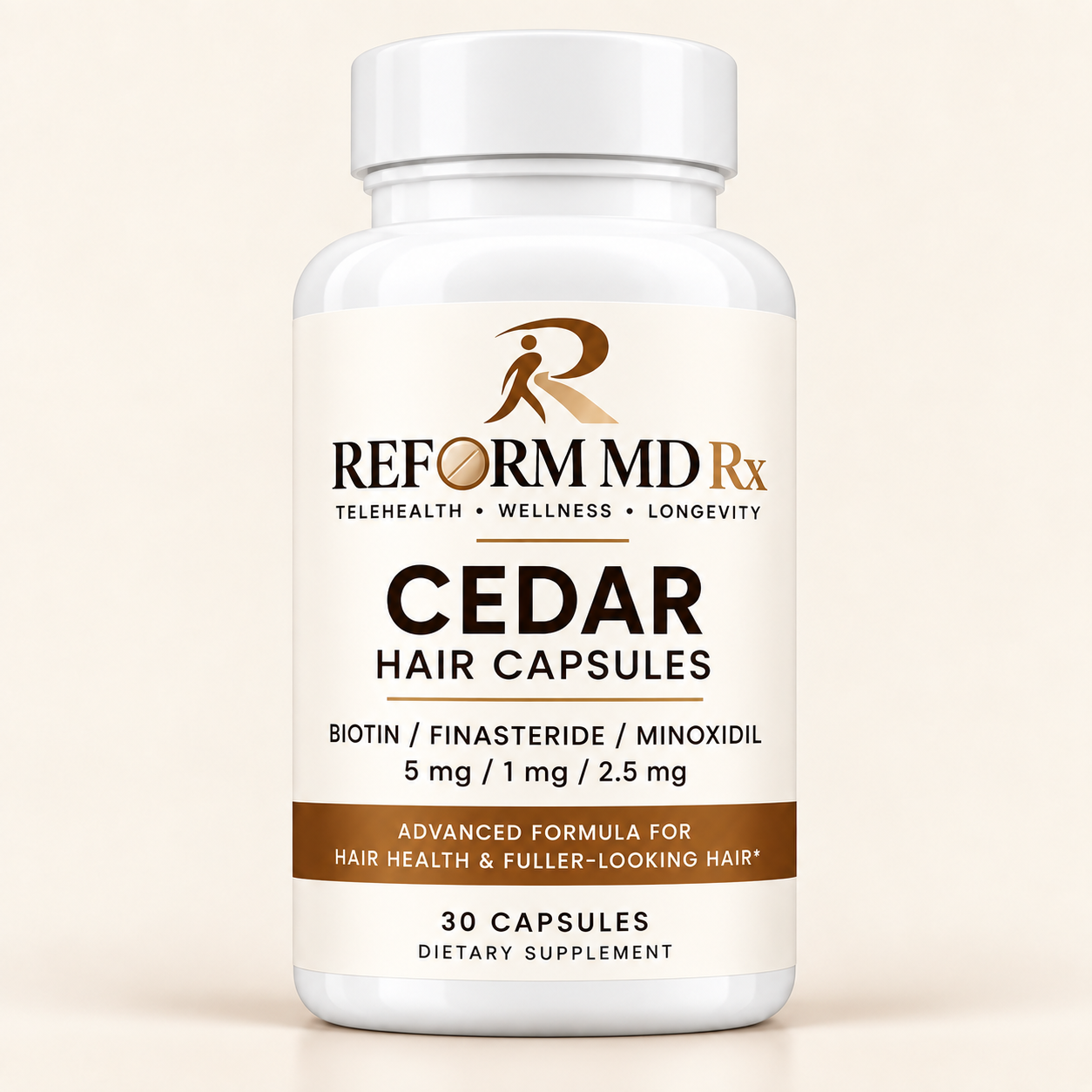 Male Hair Loss (Biotin, Finasteride, Fluocinolone Acetonide, GHK-Cu, Ketoconazole, Latanoprost, Minoxidil, Tretinoin, and/or Vitamin E) 1 Reform MD Rx Cedar hair capsules bottle on a plain background