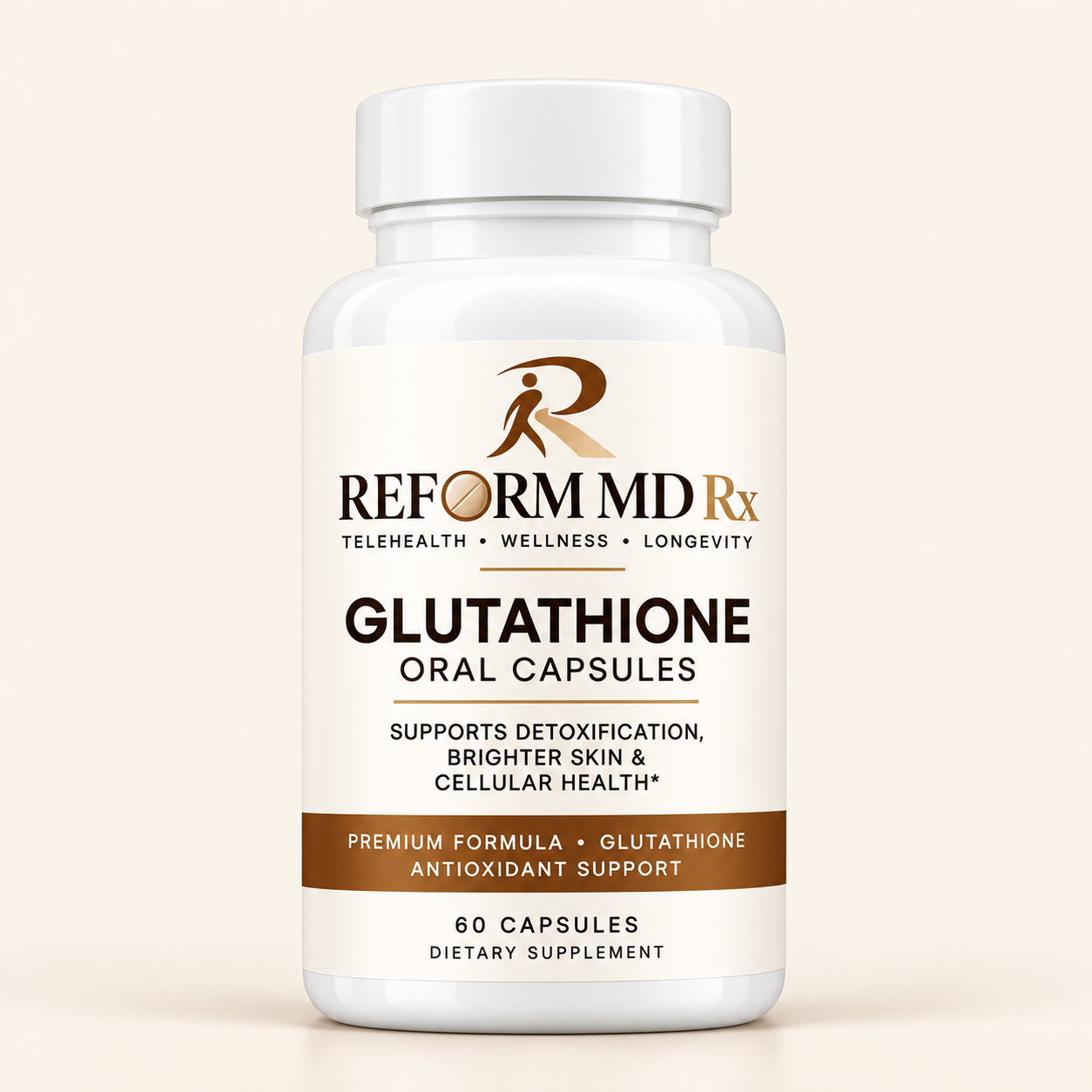 Glutathione Oral- 4 Week Supply 1 Reform MD Rx branded oral glutathione capsule bottle on a plain background