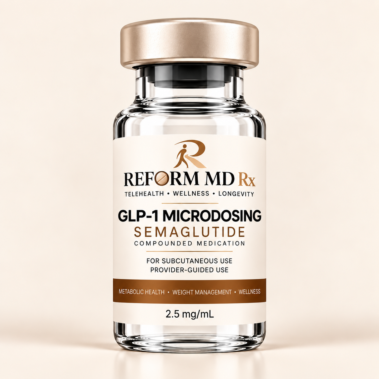 Microdosing Semaglutide - 4 Week Supply 1 Reform MD Rx branded microdosing semaglutide vial on a plain background