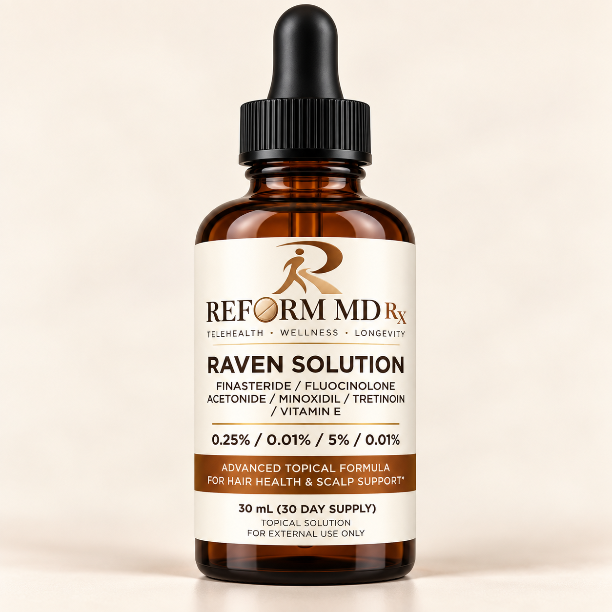 Male Hair Loss (Biotin, Finasteride, Fluocinolone Acetonide, GHK-Cu, Ketoconazole, Latanoprost, Minoxidil, Tretinoin, and/or Vitamin E) 1 Reform MD Rx Raven Solution dropper bottle on a plain background