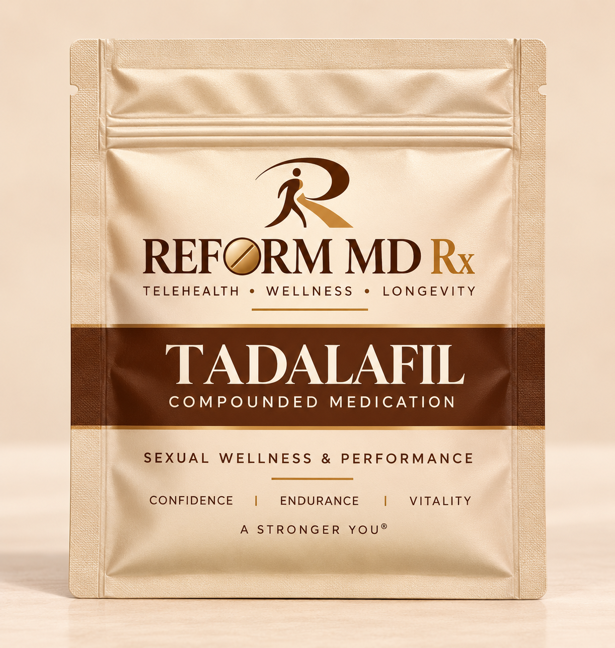 Erectile Dysfunction Apomorphine, Avanafil, Oxytocin, Sildenafil, Tadalafil, and Vardenafil 1 Reform MD Rx tadalafil troche pouch on a plain background