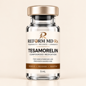 Reform MD Rx branded tesamorelin vial on a plain background