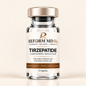 Reform MD Rx branded tirzepatide vial on a plain background