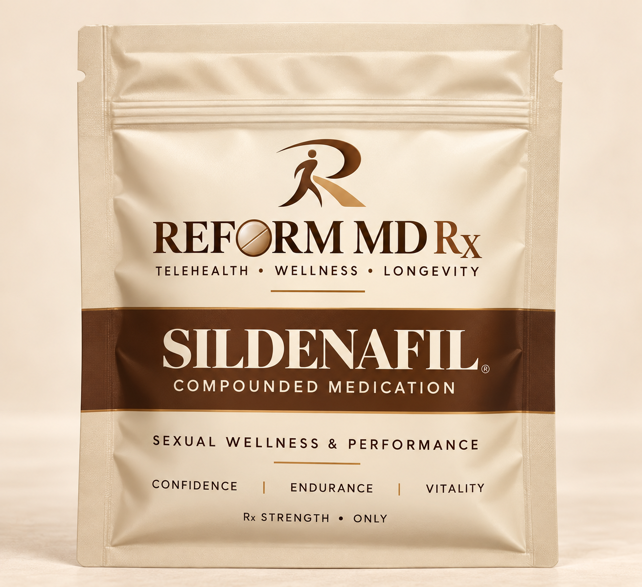 Erectile Dysfunction Apomorphine, Avanafil, Oxytocin, Sildenafil, Tadalafil, and Vardenafil - 1 Month Supply 1 Reform MD Rx sildenafil troche pouch on a plain background